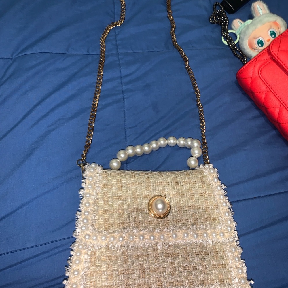 Elegant Pearl-Embellished Cream Bag